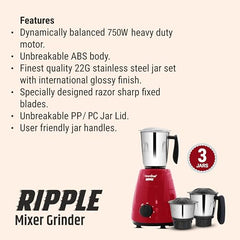 Greenchef Ripple Mixer Grinder - 3 Stainless Steel Jars with Stainless Steel Blades, 750 Watts, 230-240v, 18000 RPM, Red Color, ABS Body, ISI Certified, Heavy Duty Motor, 5 Year Warranty on Motor