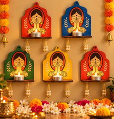 Wooden Jharokha Wall Hanging Tea Light Holder – Traditional Diya Stand & Floating Shelf for Pooja Room, Living Room, Balcony & Temple Décor | Diwali Decoration Items for Home & Main Door (WJH-11)