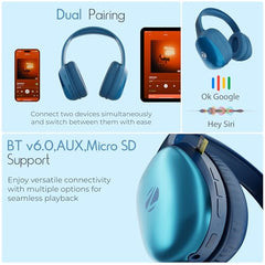 Zebronics Thunder Pro (2026 Upgrade) Wireless Headphones, BT v6.0, Up to 60h Playback, Dual Pairing, 40mm Drivers, ENC, Gaming Mode, Deep Bass, AUX & microSD, Rapid Charging (Black)