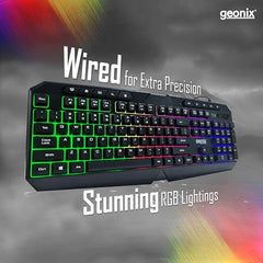 Geonix Cruiser K3 Multi Function Gaming Keyboard with 114 Keys, Dedicated Multimedia Keys, Rainbow Backlight, PVC Cable, Noiseless Keys, Durable Body, Slim Design (Black)