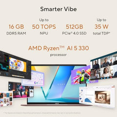 ASUS Vivobook S16 (2026),Smartchoice,AMD Ryzen AI 5 330,AMD Radeon iGPU,16GB RAM (Upgradeable),512GB SSD,FHD,OLED,16"(40 cm),Win 11,M365 Basic(1Y),Office 24,BFF Peachy,1.7 Kg,M3607KA-SH147WS,AI Laptop
