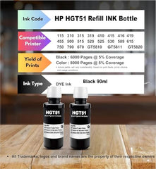 CANOFF GT53Xl for HP Black Pigment Refill Ink Compatible for HP Ink Tank 115, 310, 315, 319, 410, 415, 416, 419, 455, 500, 515, 530, 615, GT 5810, GT 5811, GT 5820 (GT53XL Black 5, 135ml)