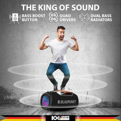 Blaupunkt Atomik Knightz 100W King of Party Speaker Boombox I Thumping Bass |Huge 15,600mAh Battery I 2-Night Playtime |Outdoor Rugged IPX6 Splash, Dust Proof, Party 9 Modes Aura Lights IWireless Mic
