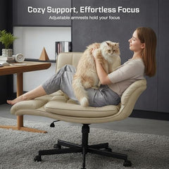 DROGO Zen Atora Ergonomic Criss Cross Legged Office Chair for Work with 5 Gear Armrest & Wide Thick Cushion Seat | PU Leather Computer Chair with Adjustable Height, Recline & Heavy Metal Base (Black)