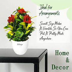 Asharya® Artificial Flower Plants for Home Décor – Set of 4 Mini Potted Plants (7 Inch) in White Pots | Pink, Yellow, Red & Blue Faux Flowers for Living Room, Office, Indoor Outdoor Decoration