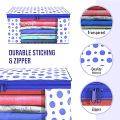 Kuber Industries Non-Woven Foldable Saree Covers With Zip|Polka Dots Wardrobe Organizer For Clothes|Transparent Window Keep 8 To 10 Saree|Suitable For Lehenga, Suit, Dress|Pack Of 9 (Blue & White)