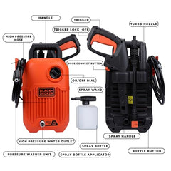BLACK+DECKER BEPW1600 1300W 1600 PSI 110 Bar Pressure Washer for Car, Bike, Home & Garden Cleaning Use with Multiple Accessories Included, 1 Year Warranty, Orange & Black