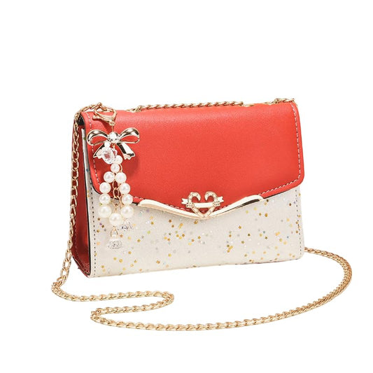 SYGA Women's Crossbody Clutch Sling Bags with Chain with Pearls and Coin Purse Mobile Phone Bag(Red)
