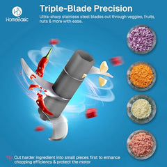 HOMEBASIC 350ml Rechargeable Electric Chopper | 6 Stainless Steel Blades | One-Touch Operation | Compact Mini Food Processor for Onion, Garlic, Ginger, Vegetables, Meat, Nuts | USB Charging