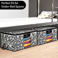 Kuber Industries Flower Print Foldable Woven Underbed Storage Bag|Large Storage Organiser|Blanket Cover with Transparent Window|Size 65 x 45 x 31 CM (Black)-KUBMART16598(Fabric)