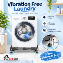 HOMESIDE Adjustable Washing Machine Stand with Wheels upto 170 kg Capacity | Heavy Duty Metal Trolley for 5-12 kg Top & Front Load Machines, Anti-Vibration Pads | Universal Fridge, Cooler Stand - Black