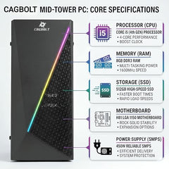 CAGBOLT Assembled i5 Desktop PC | Core i5-4570 4th Gen | 16GB DDR3 RAM | 512GB SSD | HD Graphics 4600 | HDMI | VGA | Ethernet | Windows 11 Pro | Office 2024 | 2 Years Warranty | for Office & Home Use
