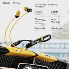 GOBOULT. Mustang TuneX Bluetooth Earphone with 40H Playtime, Dual Pairing Neckband, Zen™ ENC Mic, Type-C Fast Charging, 10mm Bass Driver, Bluetooth v6.0, IPX5 Silicone (Yellow)