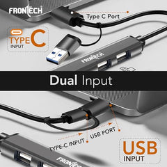Frontech 8-in-1 Multi-Port Expansion Hub, Dual Input (USB-C & USB), High-Speed Data Transfer, Metal Matt Finish, Backed with 1 Year Warranty (NC-0058)