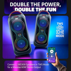 Artis MS309 Wireless Bluetooth Party Speaker with with RGB Glow Lights, Bluetooth Connectivity, USB Input, FM Radio, TF Card Reader, Aux Port, & Wired mic (30W RMS)