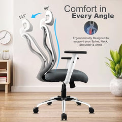 ASTRIDE Ergofit ISI Certified Ergonomic Office Chair for Work | 2D Headrest, Adjustable Arms & Lumbar Support | Single Lock Mechanism DIY [Grey-White]