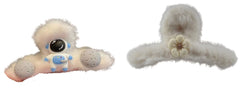 MOMISY Soft Faux Fleece Fur Large Hair Clutcher/Barrette Clip/Claw/Clamp/Pin/Fluffy/Accessories, Random Color For Women & Girls-Pack of 2 (Astronaut, Flower-White)