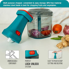 ISSVWO Tekcool Manual Hand Press Push Chopper with 6 Blades for Effortless Chopping Vegetables & Fruits (Assorted, 650 ml, Plastic).
