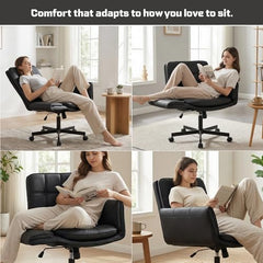 DROGO Zen Atora Ergonomic Criss Cross Legged Office Chair for Work with 5 Gear Armrest & Wide Thick Cushion Seat | PU Leather Computer Chair with Adjustable Height, Recline & Heavy Metal Base (Black)