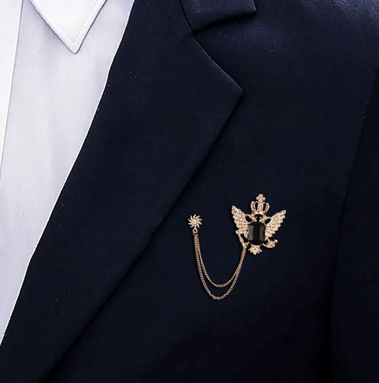 SYGA Luxury Crown Style Brooch for Men's & Women Suit Shirt Stud Brooch Lapel Pin Brooch Pin Chain Tassel Brooch Pin with Crystal Chain(Golden Crown Eagle Black Gemstone)