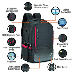 Aristocrat Hype 33L Laptop Backpack (Upto 17"), 2 Compartments, Grey | Spacious, Front & Side Pockets, Padded Straps, Premium Fabric & Zipper, Office/ College Bag, Unisex, 1-Year Global Warranty
