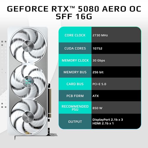GIGABYTE Geforce RTX 5080 AERO OC SFF 16G Graphics Card, WINDFORCE Cooling System, pci_e_x16 16GB 256-Bit GDDR7, GV-N5080AERO OC-16GD Video Card
