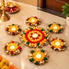 Webelkart Premium Pack of 9 Diwali Decoration Flower Rangoli Diwali Decorative Rangoli with Diya Set, Tea Light Candle Holder Floor Rangoli Festival Decor Home,Deepawali Center 10" and Samll 4" in