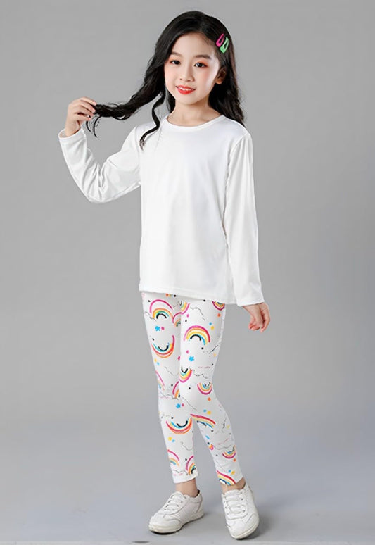 SYGA Children's Leggings Star Rainbow Print Girls Leggings Thin Outer Wear Girls Pants Suitable Age for 9-11 Years Old(White)