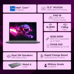 Lenovo IdeaPad Slim 3 Smartchoice 13th Gen Intel Core i7-13620H 15.3 inch (38.8cm) WUXGA IPS Laptop (16GB RAM/512GB SSD/Windows 11/Office 24/Metal A Cover/Backlit Keyboard/Luna Grey/1.6Kg), 83K101JGIN