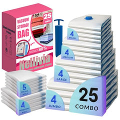 25 Pack Vacuum Storage Bags, Compression Space Saver Bags for Comforters, Blankets and Clothes, Durable Seal, Puncture Resistant, Safe Poly Material, Preserves and Protects, Hand Pump Included