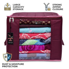 VR ATULIT BY CHOOSY 12 Flap Saree Bag | Clothes Storage Bag for Sarees, Blankets | Large Storage Bag for Clothes with Transparent Zip Covers | Foldable Quilted Bag Organizer with Handle for Wardrobe