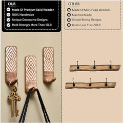 IndianShelf 6 Decorative Wood Adhesive Wall Hooks No Drill - Fork Art | Handmade, Renter Friendly, Waterproof, Reusable, Peel and Sticky Hooks for Keys, Towel, Bags, Light Coat, Jewelry, 10Lb Load