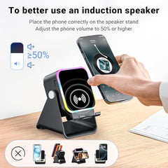 Mobile Induction Speaker with Bluetooth 5.3, Wireless Phone Sound Amplifier & 360° Adjustable Stand, RGB Light, Emergency Charging, Rechargeable Speaker for iPhone, Android & Tablets