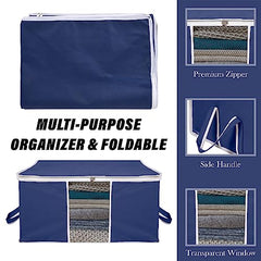 Kuber Industries Non-Woven Underbed Storage Bag|Clothes Storage Organizer|Blanket Cover With Clear Window|Zipper Closure&Handle Cloth Organizer|Plain White Border|Large|Pack Of 6|Royal Blue,32Cm,48Cm