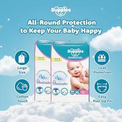 Amazon Brand - Supples Premium Baby Diaper Pants | 108 Baby Diapers | XL | 12-17 Kg | 12 Hrs Absorption | Cushiony Cotton Soft Fabric | Phthalates-Free | Triple Leak Guard | 54 Count, Pack of 2