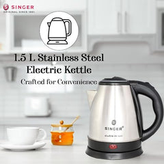 SINGER Cutie DX Electric Kettle 1350 Watts | 2 Years Warranty | 1.5 Liters | Quick Boil | Stainless Steel | Cool-Touch Handle and Lid | Auto Shut Off | Tea & Coffee, Instant Noodles, Rice, Soups