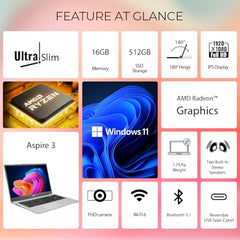 acer Aspire, AMD Ryzen 7-7730U, 16GB RAM, 512GB SSD, Full HD 15.6"/39.62cm, Windows 11 Home, Pure Silver, 1.79KG, AS15-42, WiFi 6, AMD Graphics, Backlit Keyboard, 55Wh Battery Laptop