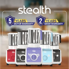 ULTRA Stealth neo MixerGrinder,750W,AISI304 Food Grade SS Jars &Blades,Serrated Stainless Steel Blades,Lesser noise,ABS Body,3Jars Small (0.5L),Medium (0.8L), Large(1.5L), 5Year Motor Warranty