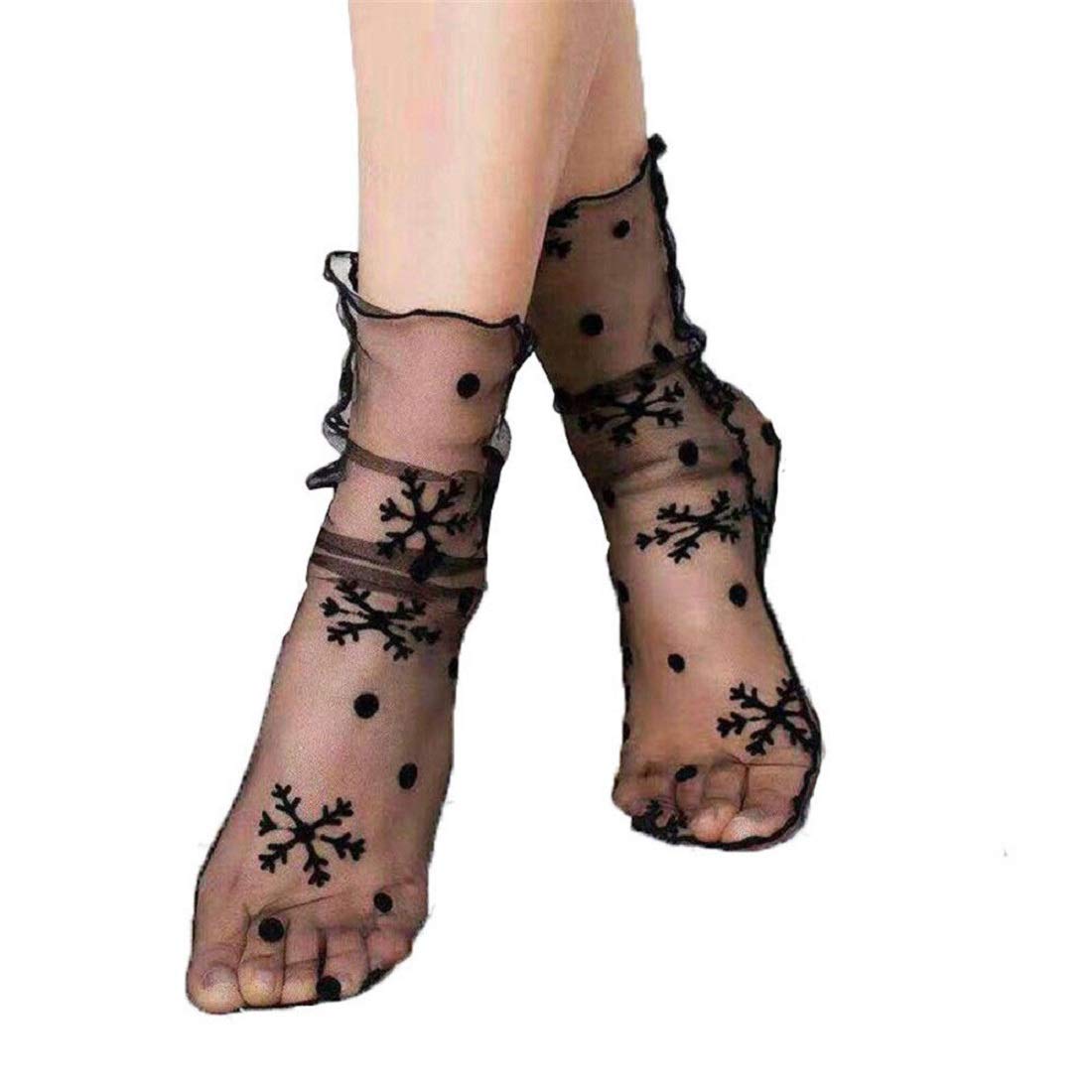 SYGA Flower Dotted Pattern Black Women Girl Transparent Mesh Sock Elastic Sandals Socks