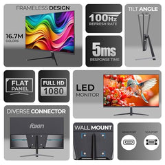 Foxin 24 Inch FHD Flat LED Monitor 1920x1080 Pixel Elite Series | Flat Panel, HDMI & VGA Port, 100Hz Refresh Rate, Frameless, Slim Bezel, Wall Mountable, 16.7 M Colors | 3 Years Warranty | White