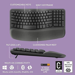 Logitech Wave Keys Wireless Ergonomic Keyboard with Cushioned Palm Rest, Comfortable Natural Typing, Easy-Switch, Bluetooth, Logi Bolt Receiver, for Multi-OS, Windows/Mac - Graphite
