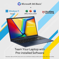 ASUS Vivobook 15 (2026),Intel Core 3 100U (i3-14th Gen),Intel iGPU, 8GB/512GB, FHD, 15.6"(39.6 cm),Windows 11,M365 Basic(1 Year)* Office 2024,Quiet Blue,1.7 Kg, X1504VAP-BQ1322WS,Thin & Light Laptop