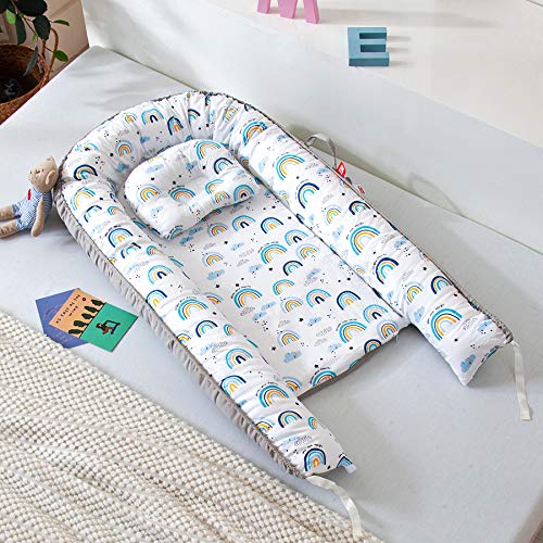 SYGA New Born Baby Nest Portable Reversible Sleeping Bed Foldable Sleeping Toddler Cotton Baby Mattress Pillow for 0-2 Years Baby, 53 X 88 CM, Blue Edge Blue Star