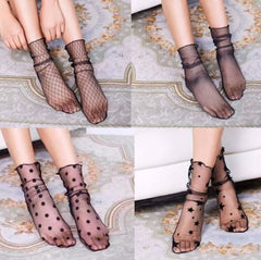 SYGA Flower Dotted Pattern Black Women Girl Transparent Mesh Sock Elastic Sandals Socks