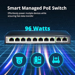 D-Link DGS-F1010P-E 10-Port Gigabit PoE Switch with 8 Long Reach Ports PoE supported up to 250m, 2 Uplink Ports, 96W PoE Budget, Plug & Play, 6kV Surge Protect, Network switch with Smart Features