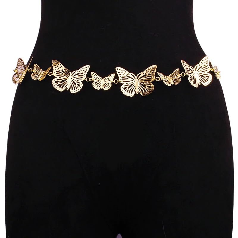 SYGA Women's Simple Geometric Versatile Body Chain Punk Style Stitching Single Layer Hollow Butterfly Waist Chain(Gold)