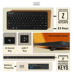 ZEBRONICS Companion 201 2.4GHz Wireless Keyboard & Mouse Combo, 83 Keys, AI Assist Key, 12 Integrated Multimedia Keys, 3 Button Mouse, 1600 DPI, High Precision, Silent Operation (Black)