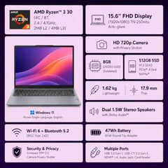 Lenovo IdeaPad Slim 3, Ryzen 3 30, 8GB RAM, 512GB SSD, FHD Thin and Light Laptop, 15.6" (39.6cm), Windows 11, Office 2024, Grey, 1.6Kg, 82XQ01VYIN, AMD Radeon 610M Graphics, Laptop
