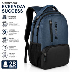 BIGBERRY Rodeo 2.0 Leatherite Faux Leather Laptop Backpack for Men & Women | Water Resistant 2 Compartment Casual Daypack | 15.6 Inch Laptop Bag for Office, College, Travel & Daily Use, Navy Blue