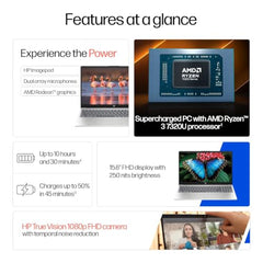 HP 15, AMD Ryzen 3 7320U (8GB LPDDR4, 512GB SSD) FHD, Micro-Edge, 15.6"/39.6cm, Win 11, M365 Basic(1yr), Office24, Silver, 1.59kg, fc0499AU, AMD Radeon Graphics, 1080p FHD Camera Laptop